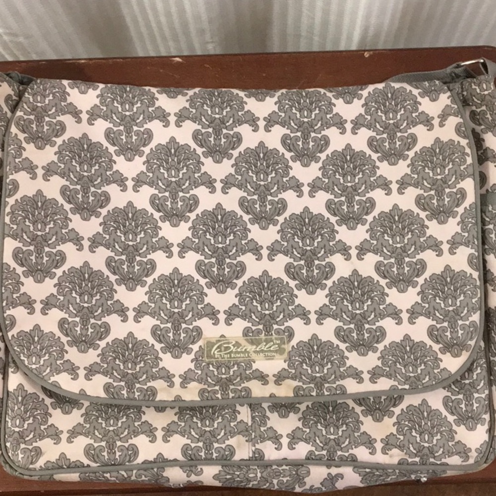 Pink and grey tapestry print diaper bag